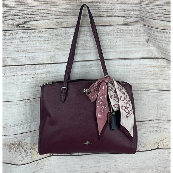 Coach Turnlock Carryall Tote Purse Silver Burgundy Red - Picture 1 of 9